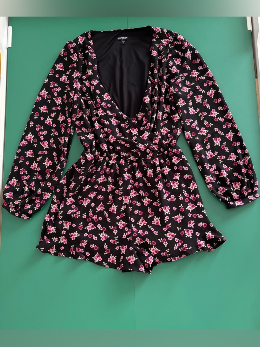 Express Size XS Black Romper with Pink Floral Print